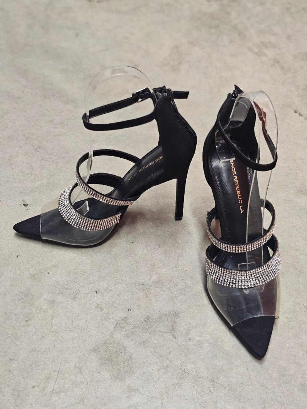 Rhinestone Clear Strap High Heels With Ankle Buckle & Back Zipper - Elegant Blac - Picture 7 of 14